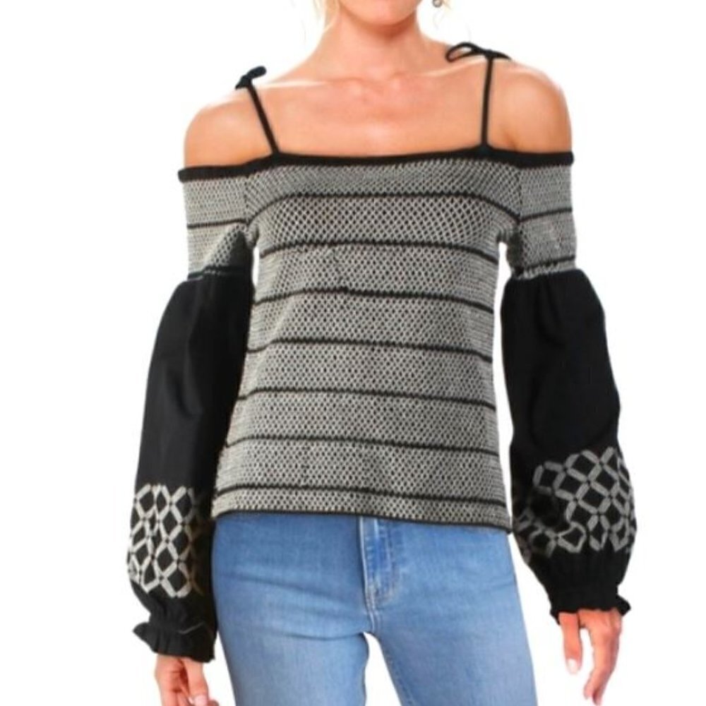 INC Cotton Embroidered Smocked Top Off shoulder Deep Black Petite Medium  NWT